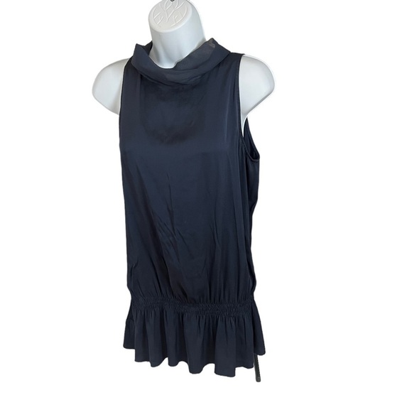 Saks Fifth Avenue Navy Blue Silk Sleeveless Blouse Ruching Bow Small Petite EUC - Picture 1 of 11